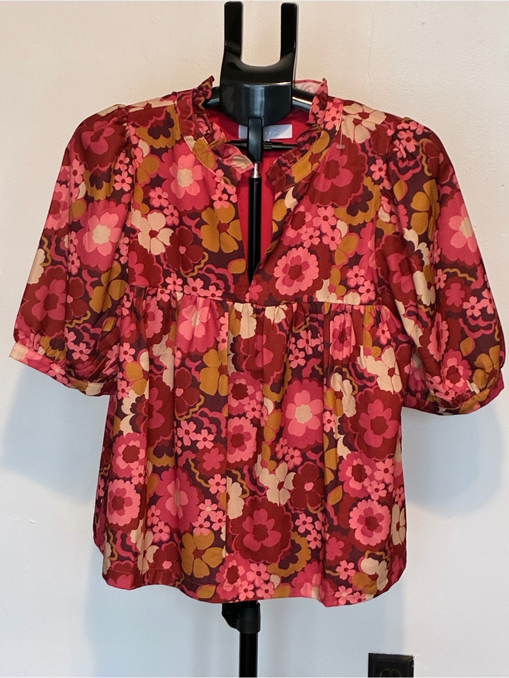 Sugarlips Floral Puff-Sleeve Blouse in Burgundy, Pink and Mustard
